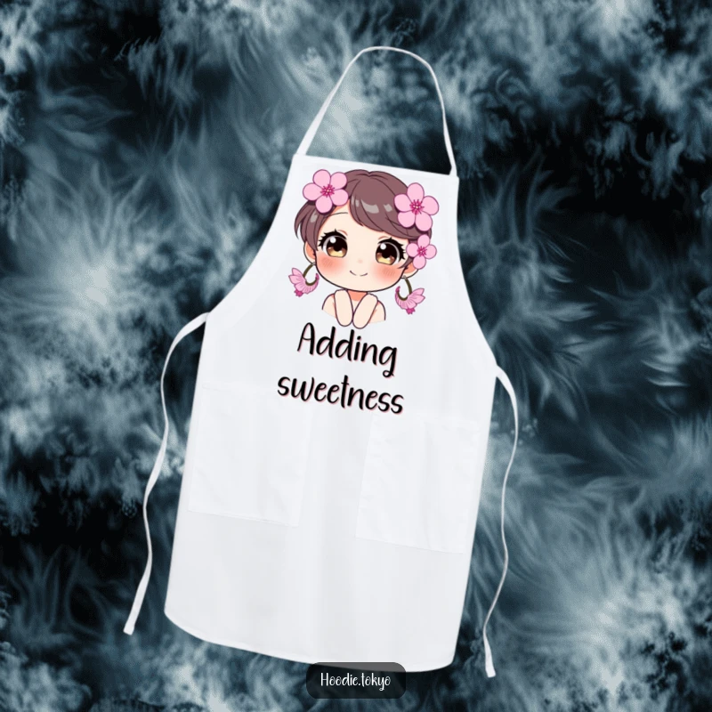 Funny character with oversized cherry blossom earrings and sparkling eyes, a humorous and practical apron.