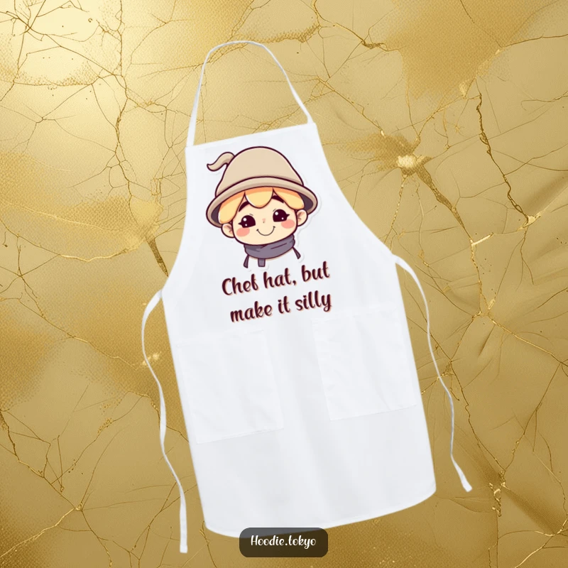 Funny Apron featuring a Character's Silly Grin and a Tilted Oversized Hat, Perfect for Kitchen Fun