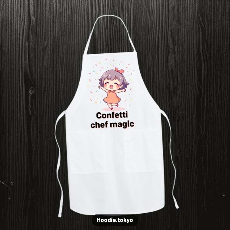 Funny Dancing Confetti Apron showcasing a joyful character dancing amidst confetti, perfect for festive cooking.