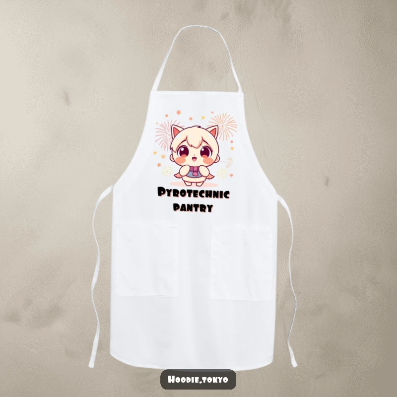 Funny Kawaii character with wide, excited eyes watching a spectacular fireworks show, bringing humor to this kitchen apron.