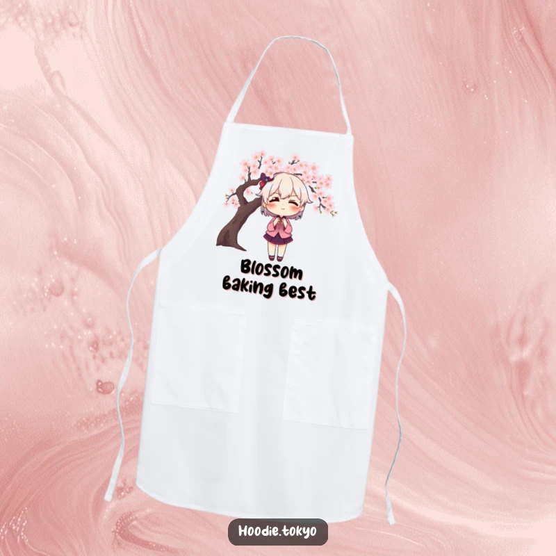 Funny character with exaggerated blush posing dramatically in front of a cherry blossom tree, a humorous and practical apron for chefs.