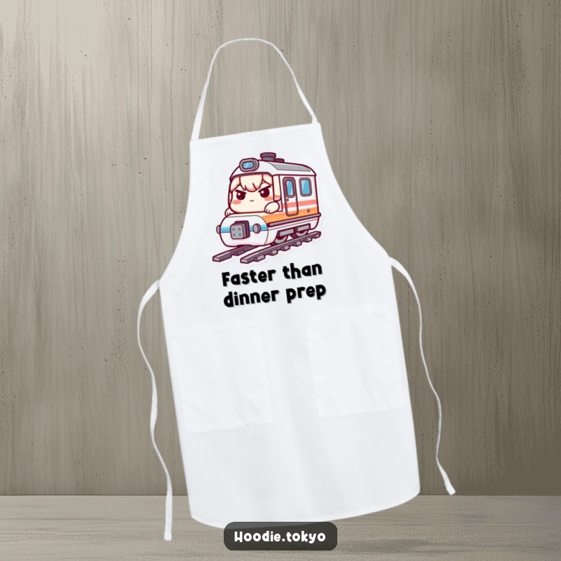 Funny bullet train kawaii apron showing a determined character on a miniature train, ideal funny gift.