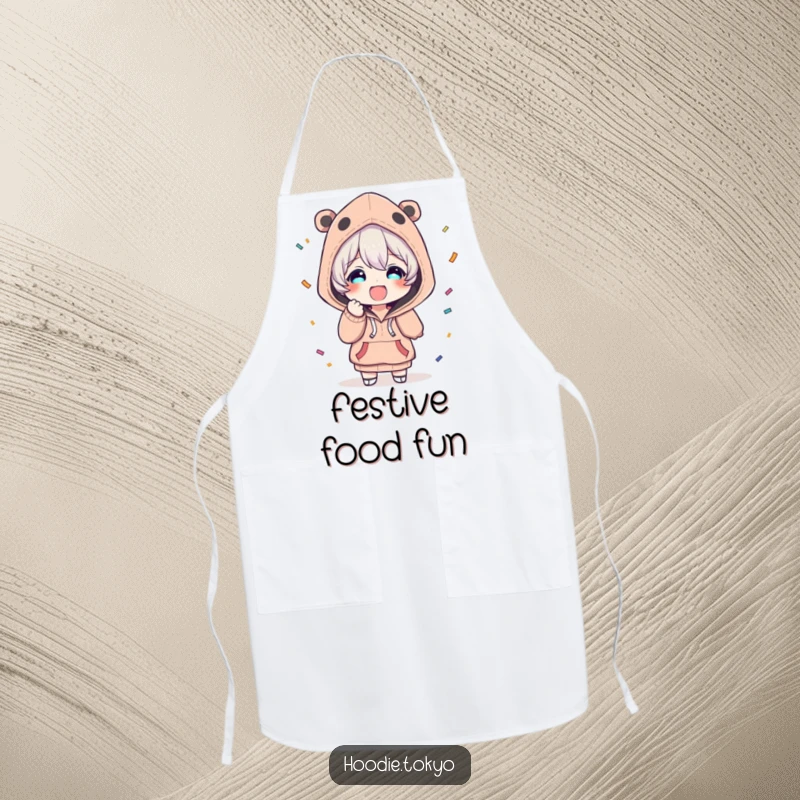 Funny kitchen apron with a character in a unique hoodie, looking delighted while throwing festive confetti, perfect for cooking.