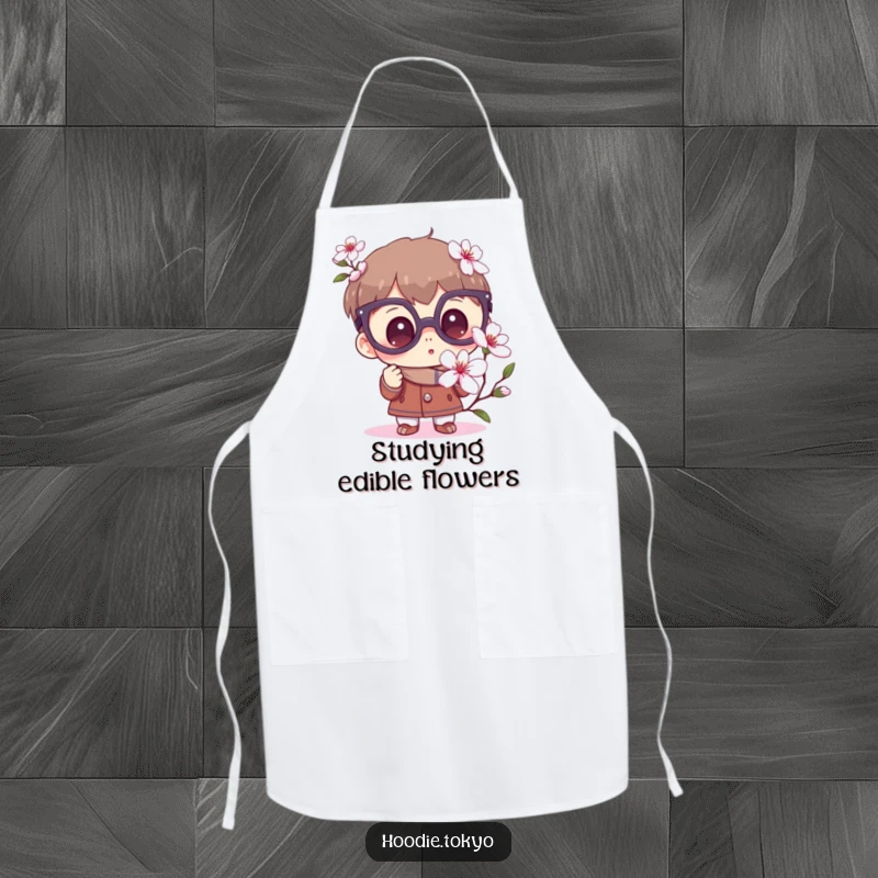 Funny Curious Apron: Kitchen wear featuring a character with big glasses examining a sakura flower with curiosity.