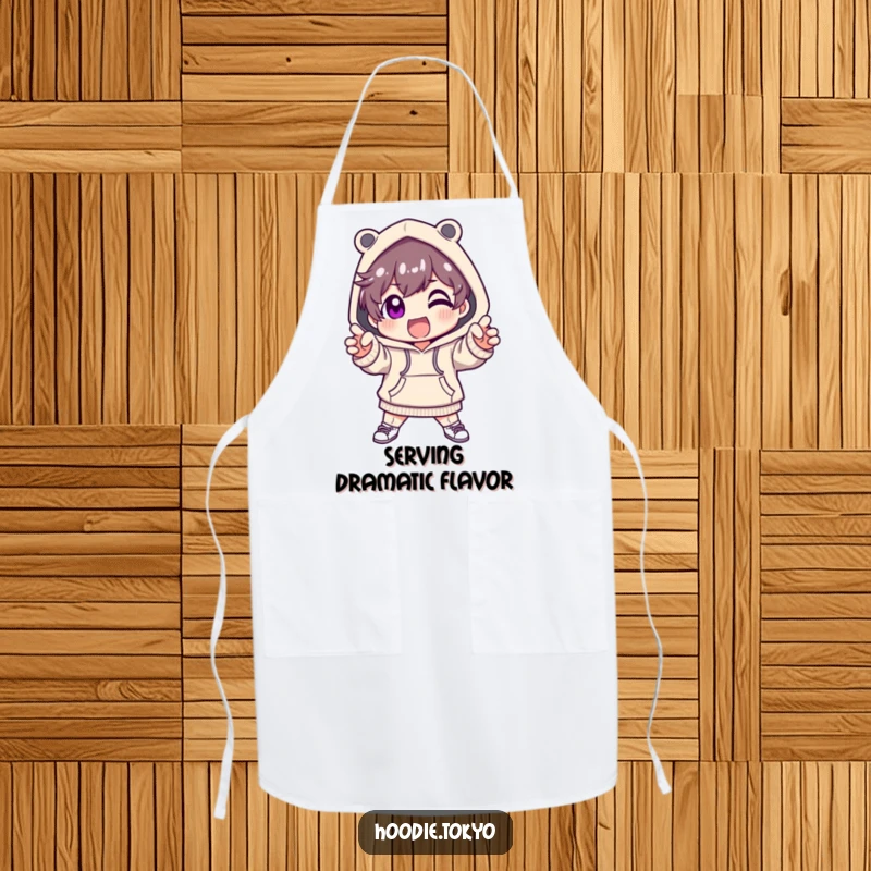Funny apron with a cute character in a fashionable hoodie, striking a dramatic and excited cooking pose.