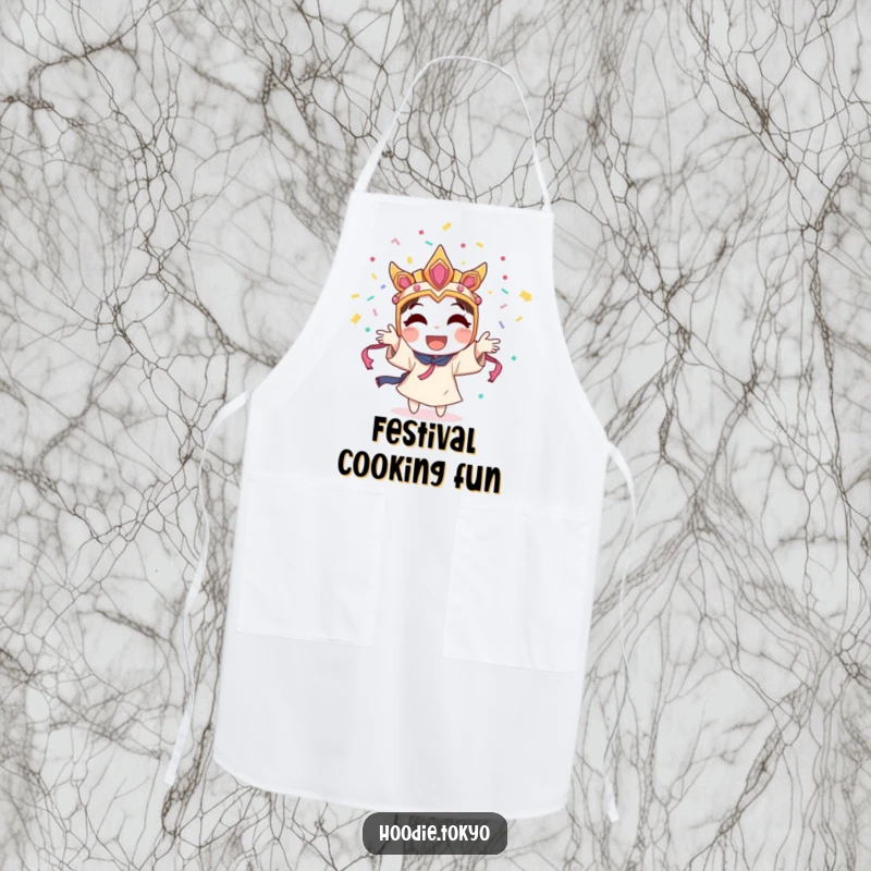 Funny character wearing a festival mask, joyfully throwing confetti into the air, a humorous and practical apron for hosts.