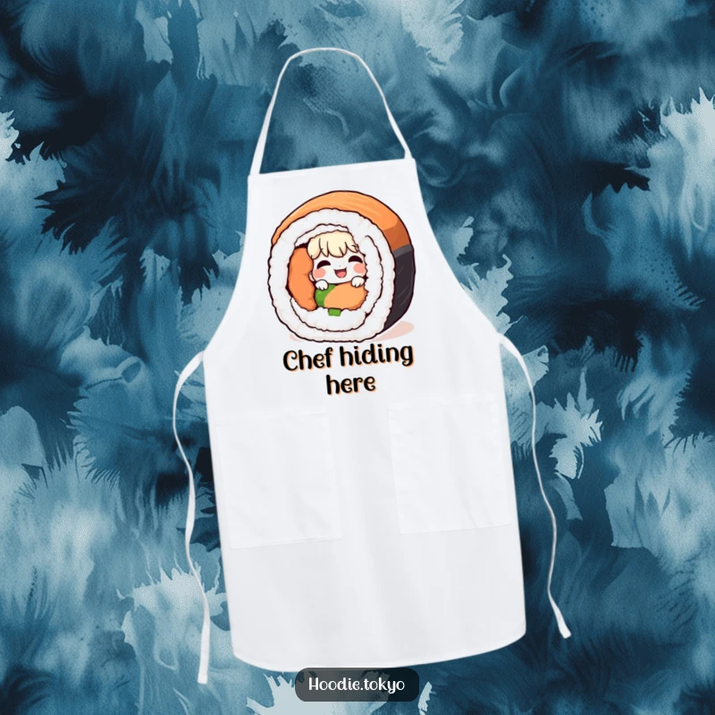 Funny giggling character peeking from behind a giant sushi roll, a humorous and practical apron.