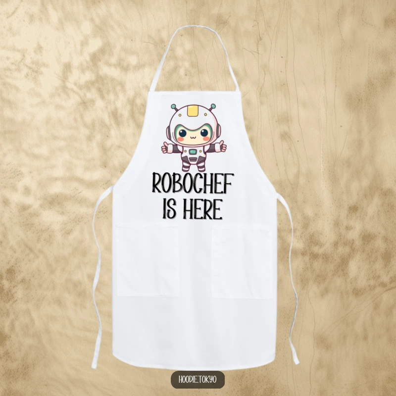 Funny kawaii character in a tiny robot costume, arms outstretched, on a kitchen apron. Ideal for humorous and practical cooking sessions.