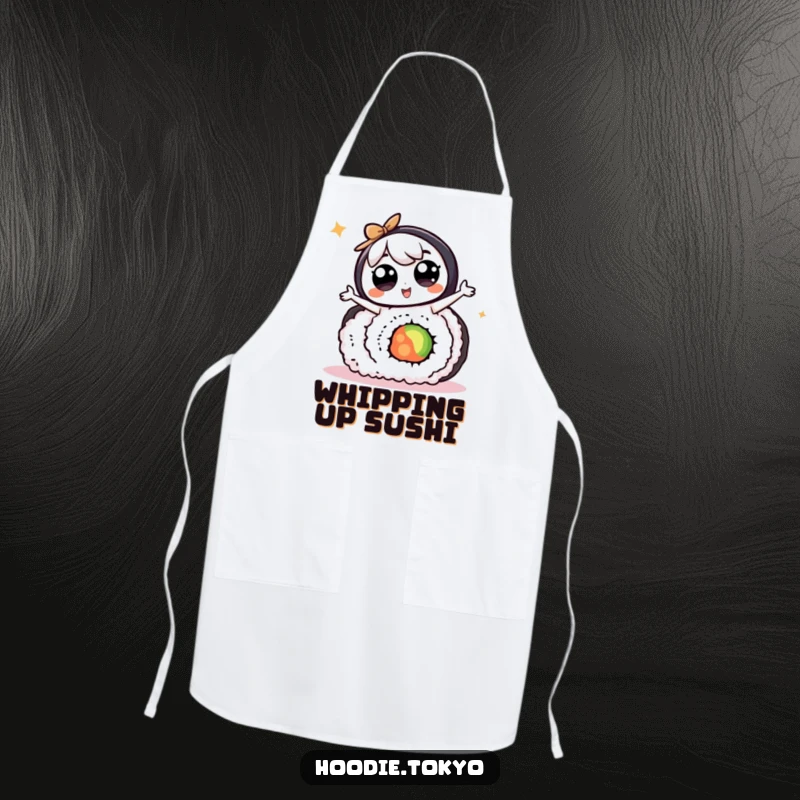 Funny kawaii character with big eyes doing a silly dance on a giant sushi roll, a humorous and practical kitchen apron.