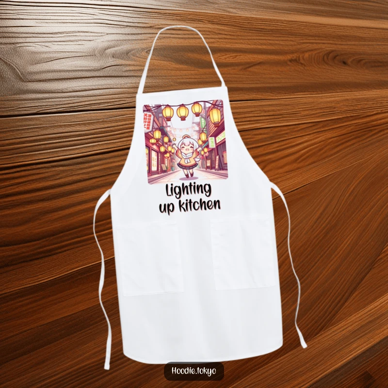 Funny Apron: Kawaii character joyfully juggling glowing lanterns in a Tokyo street, a humorous and functional kitchen accessory.