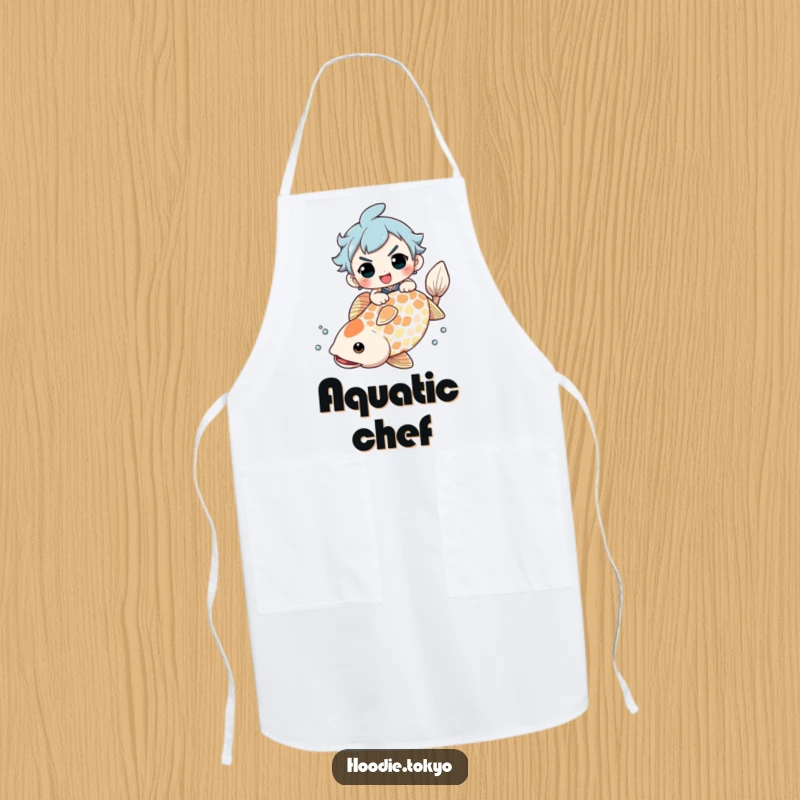 Funny Apron: Character with a determined grin riding a giant koi fish, designed for culinary adventures and humor.