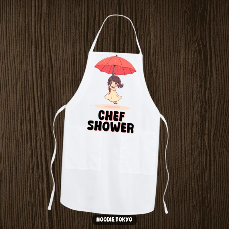 Funny Apron: Character dances in a gentle rain shower holding a red umbrella, designed for kitchen fun and humor.