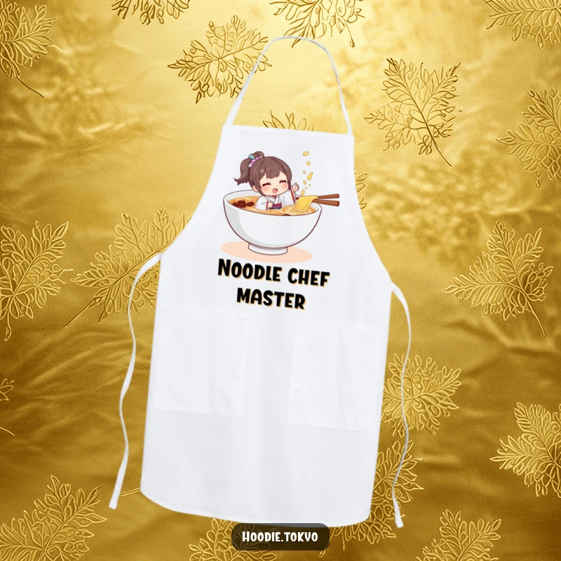 Funny character in a tiny kimono playfully splashing in a bowl of ramen, a humorous and practical apron for cooks.