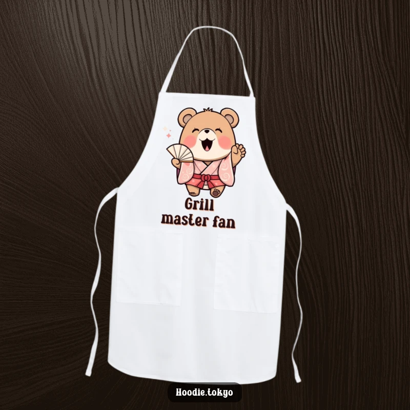 Funny Bear Kimono Apron: A functional apron with a cheerful bear in a kimono waving a fan with excitement, perfect for kitchen duties.