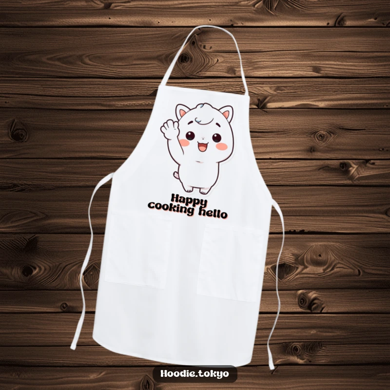 Funny Kawaii character with a big smile giving a cheerful wave on a kitchen apron, bringing happy humor to cooking.