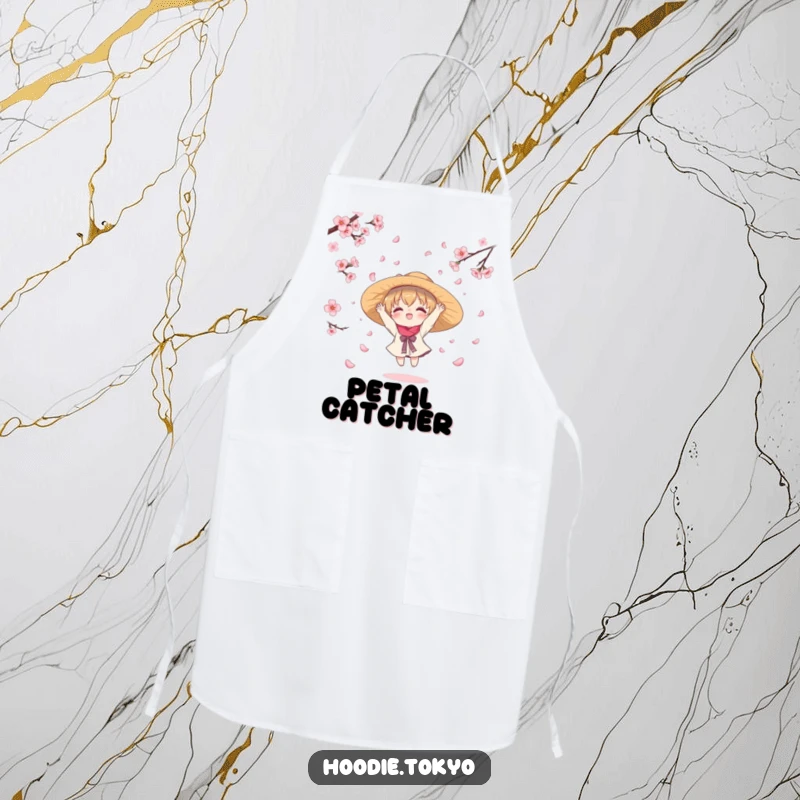Funny apron featuring a kawaii character in a hat, playfully catching falling cherry blossom petals, ideal for a joyful and clean cooking experience.