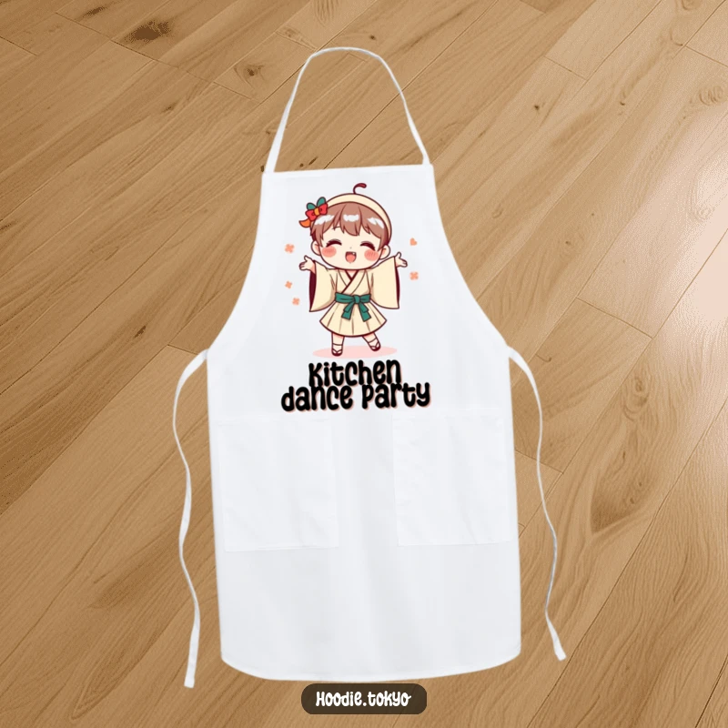 Funny playful Japanese character apron, in traditional outfit, doing a joyful and silly dance.
