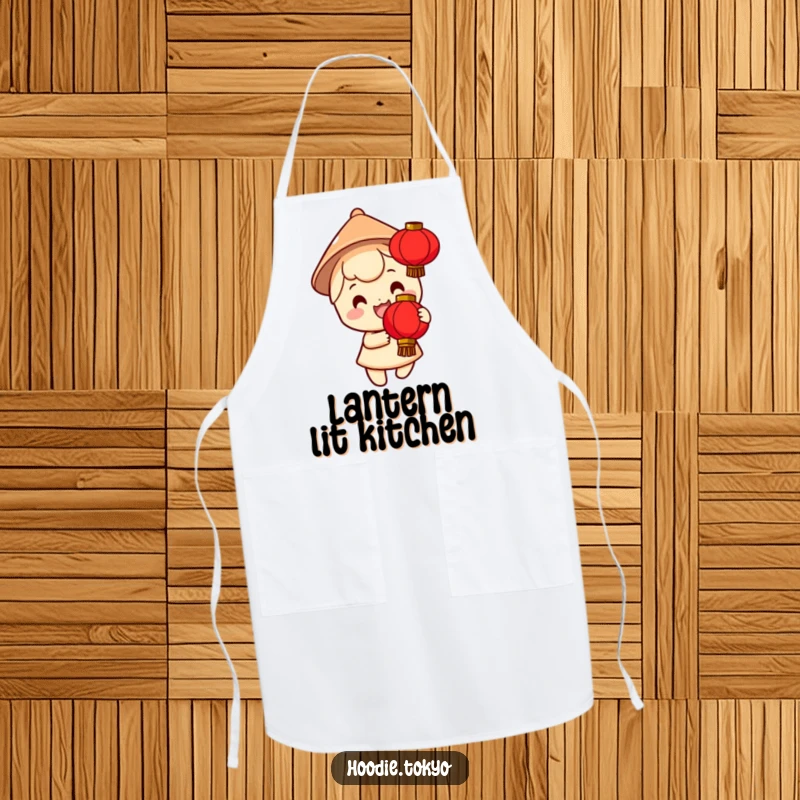 Funny apron featuring a smiling character in a small conical hat holding a bright red lantern, combining kitchen practicality with festive cheer.