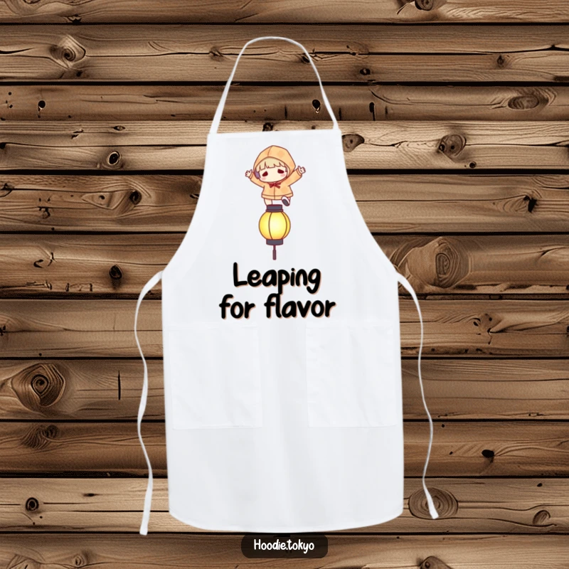 Funny apron showing a character in a patterned hoodie leaping over a stylized, glowing lantern.