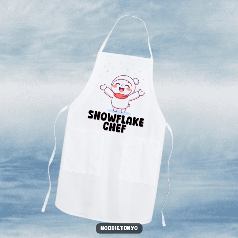 Funny Snow Catcher Apron with a happy character catching falling snowflakes, perfect for festive kitchen wear.