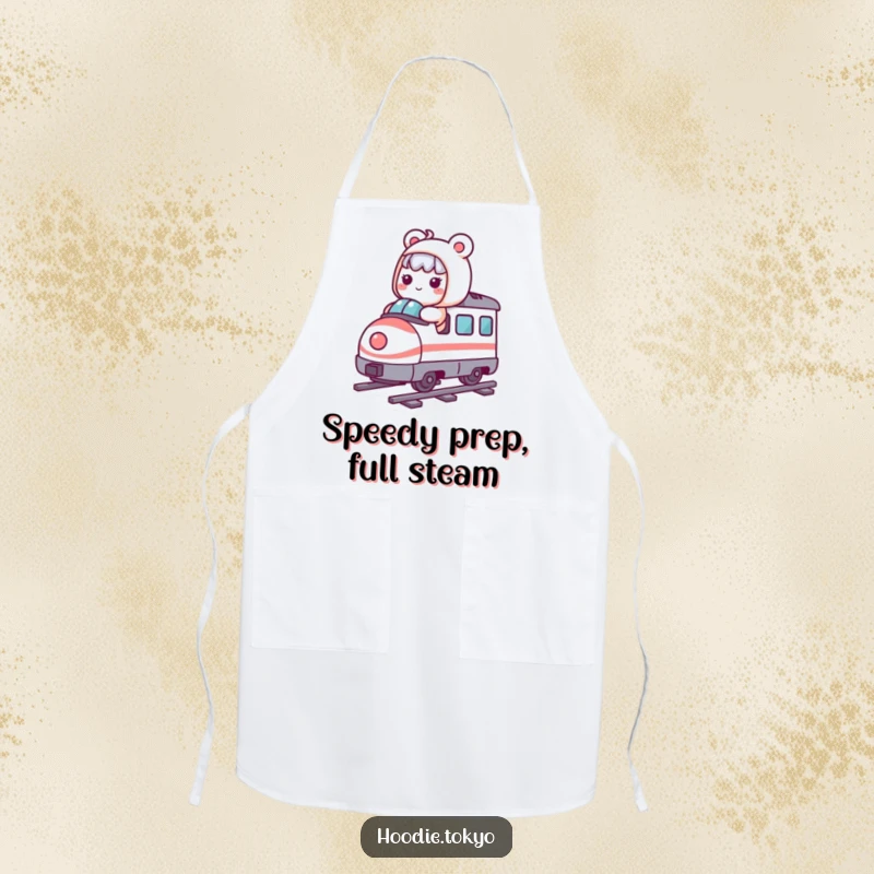 Funny Kawaii character zipping along on a miniature bullet train, adding a humorous touch to this kitchen apron.