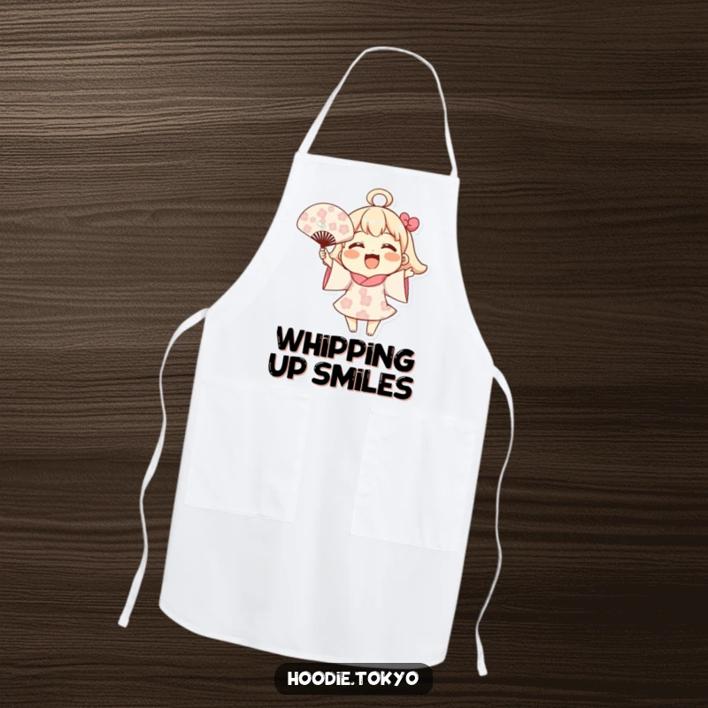 Funny Blooming Fan Apron: A joyful character waving a fan with blooming flowers, designed for cheerful and protected cooking.