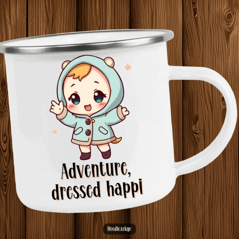 Funny character in a Japanese happi coat striking a playful pose, a durable and humorous camping mug.