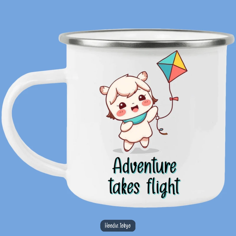 Funny Kawaii Kite Flying Camping Mug - Giggling Character Outdoor Fun Cup