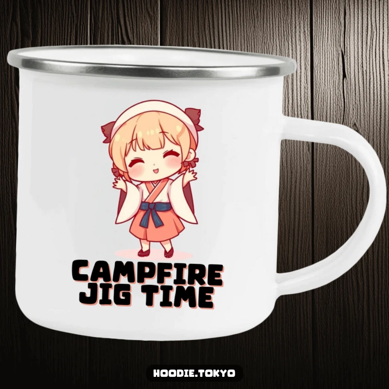 Funny playful character in traditional Japanese outfit doing a silly dance, enamel camping mug, fun outdoor accessory.