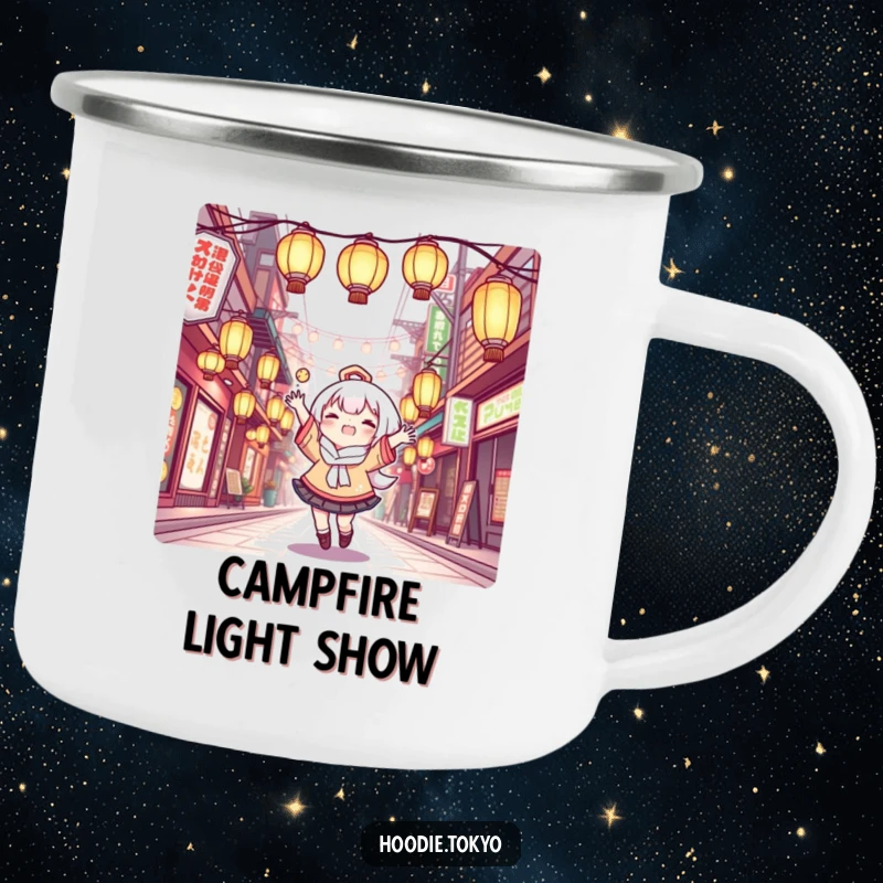 Funny Camping Mug: Kawaii character juggling glowing lanterns in Tokyo, a durable and humorous mug for outdoor fun.