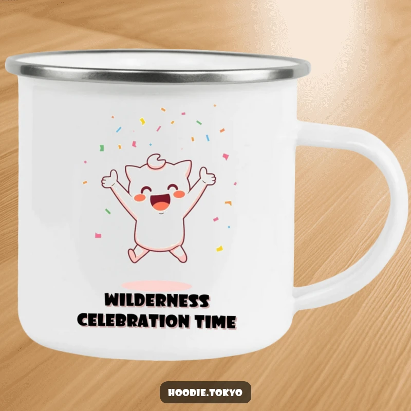 Funny celebration kawaii camping mug with a cute character jumping with confetti, perfect funny gift.