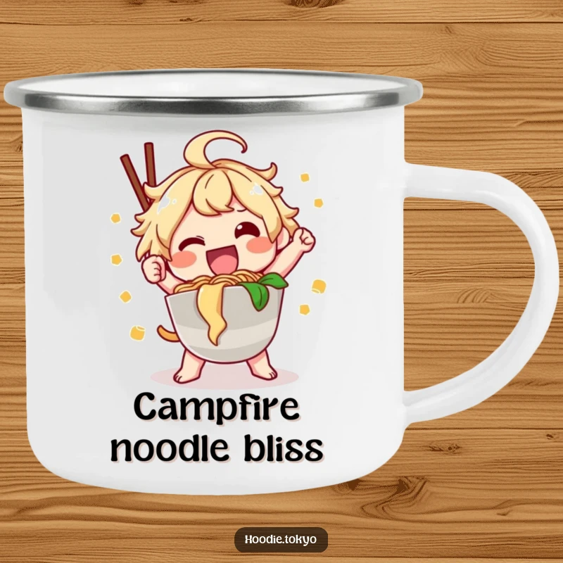 Funny ramen kawaii camping mug with a happy character posing with noodles, perfect funny gift.