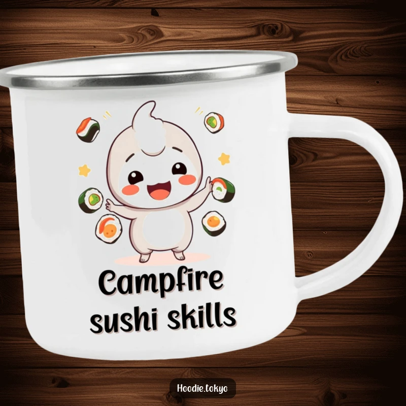 Funny sushi kawaii camping mug with a playful character juggling sushi, perfect funny gift.