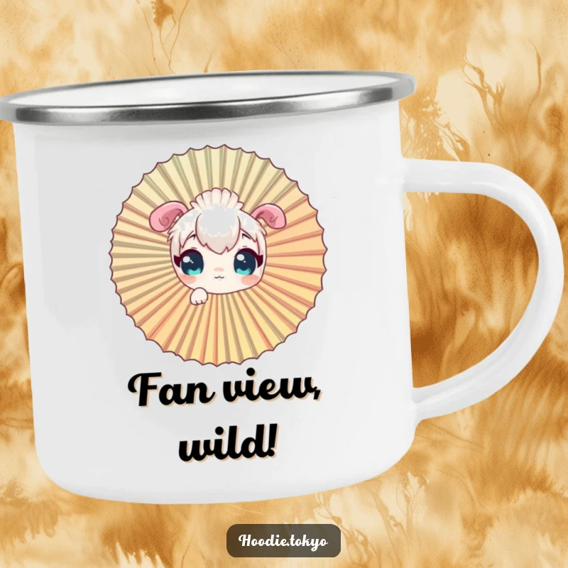 Funny curious character camping mug, peeking through a giant fan.