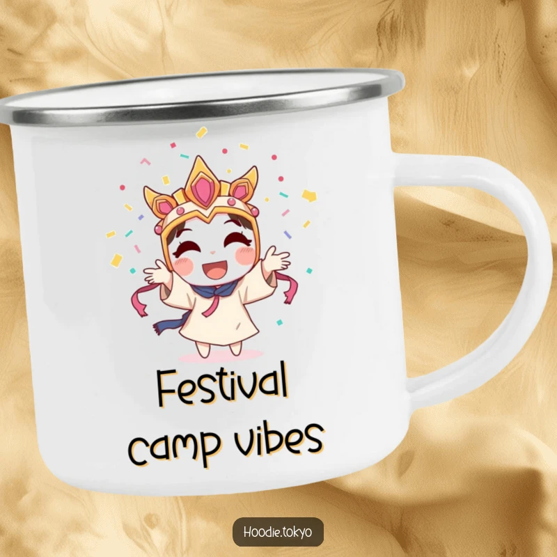 Funny character wearing a festival mask, joyfully throwing confetti into the air, perfect for a humorous camping mug.