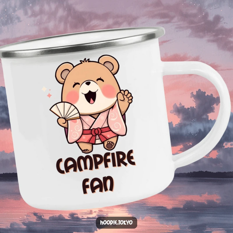 Funny Bear Kimono Camping Mug: A durable mug with a cheerful bear in a kimono waving a fan with excitement, perfect for outdoor enjoyment.