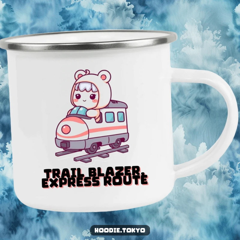 Funny Kawaii character speeding on a whimsical, miniature bullet train, perfect for hot drinks during outdoor adventures.