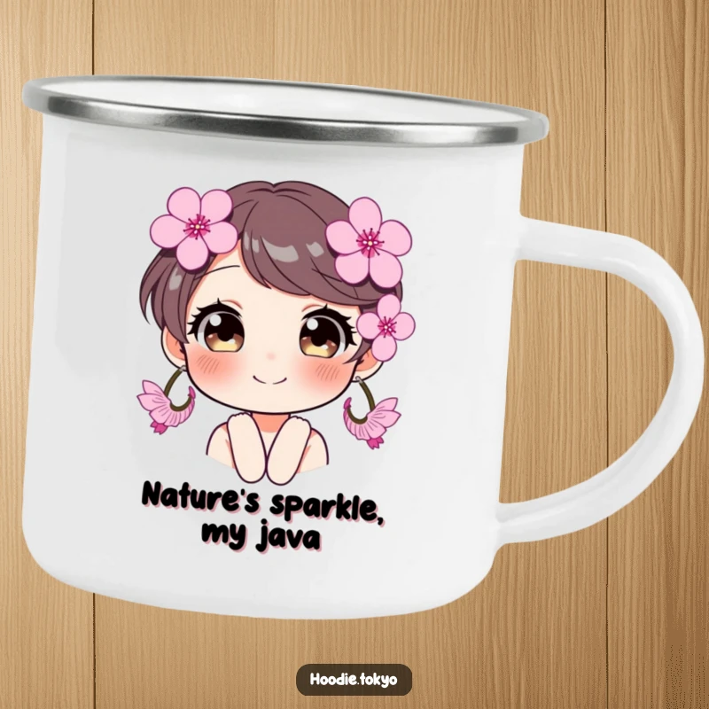 Funny character with oversized cherry blossom earrings, eyes sparkling, a durable and humorous camping mug.