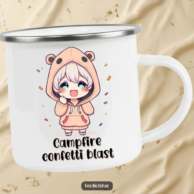 Funny enamel camping mug with a character in a unique hoodie, looking delighted while throwing confetti, perfect for outdoor use.