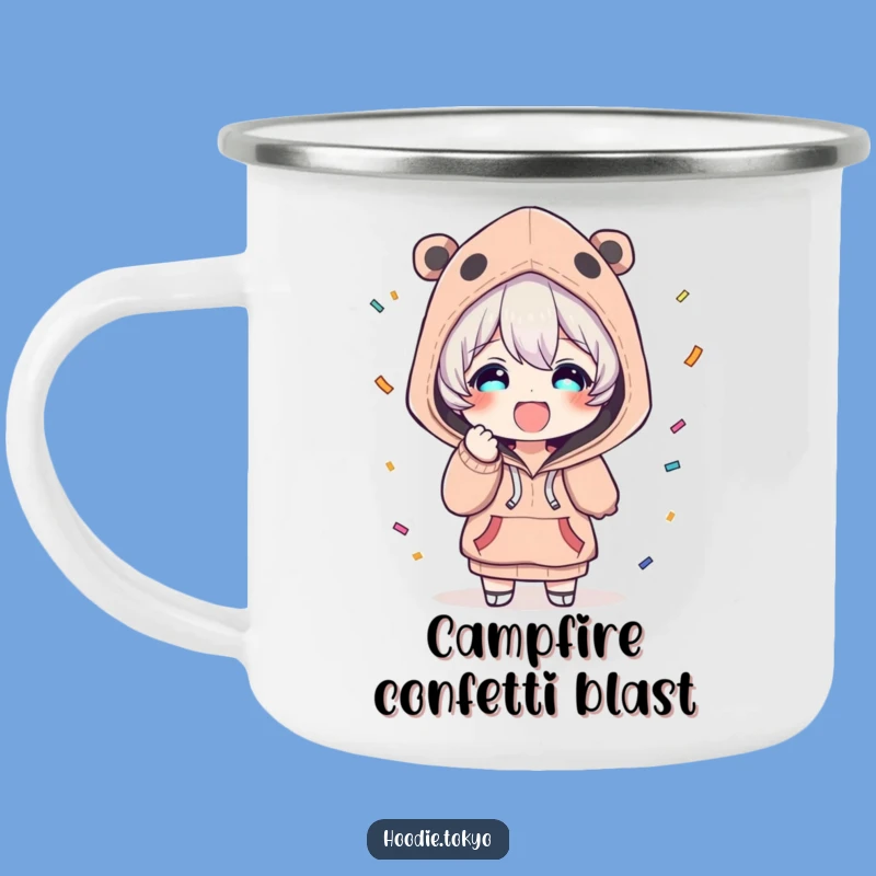 Funny Confetti Camping Mug: Festive Character, Outdoor Gift