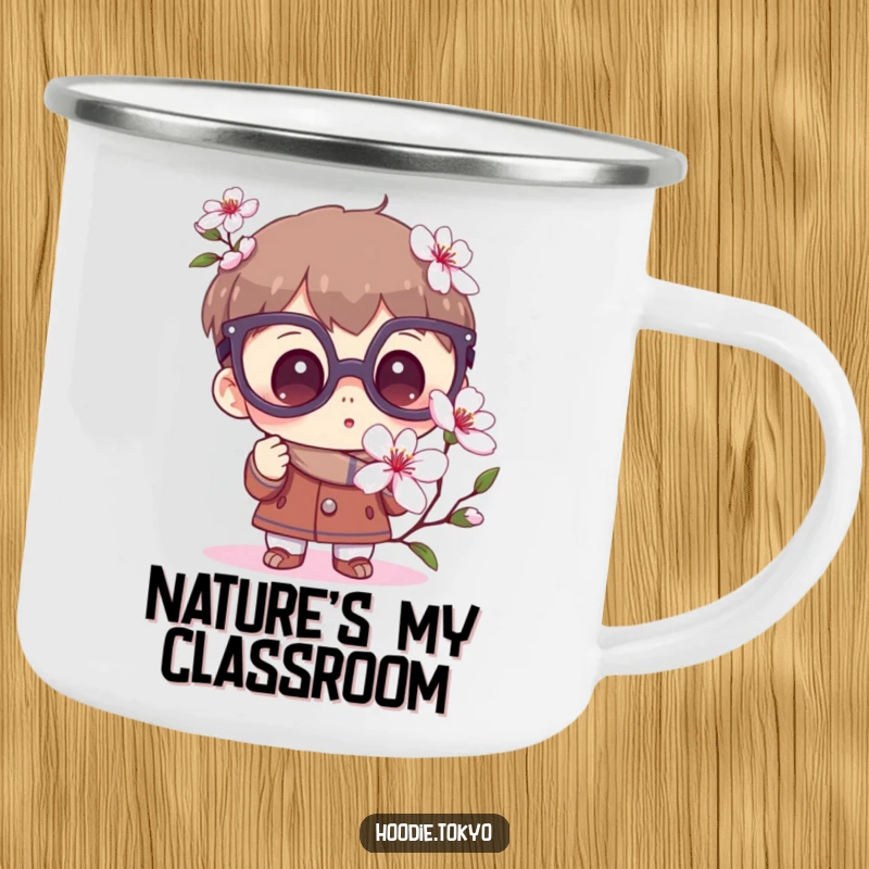 Funny Curious Camping Mug: An enamel cup with a character in large glasses observing a sakura flower with wonder.