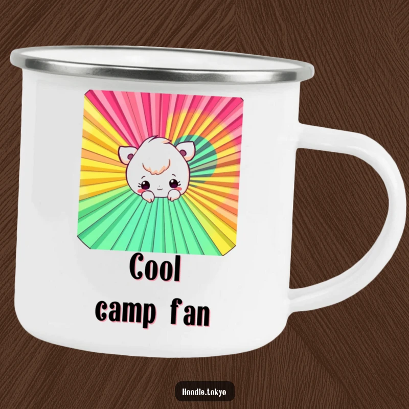 Funny Fan Peek-a-Boo Camping Mug with a playful character peeking from behind a colorful fan, perfect for outdoor drinks.