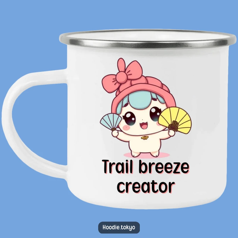 Funny Kawaii Fan Waving Camping Mug - Wide-Eyed Character Outdoor Breeze Cup