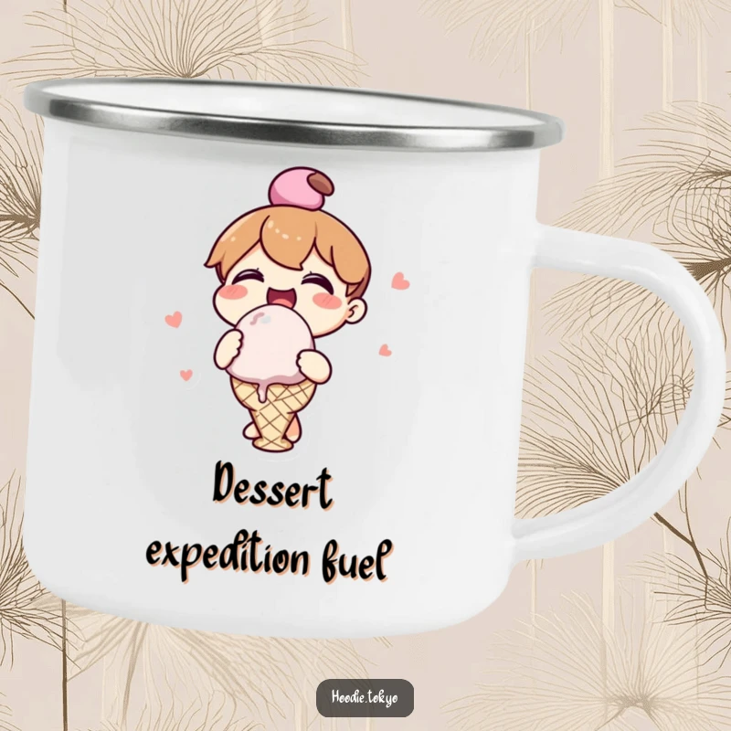 Funny kawaii character camping mug featuring a joyful character eating a giant ice cream scoop, perfect for outdoor enjoyment.