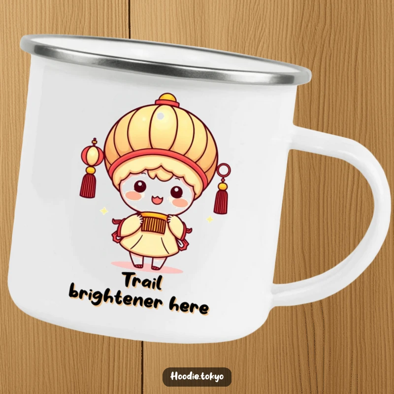 Funny kawaii character holding a giant festive lantern, beaming brightly, enamel camping mug, perfect for outdoor enthusiasts.