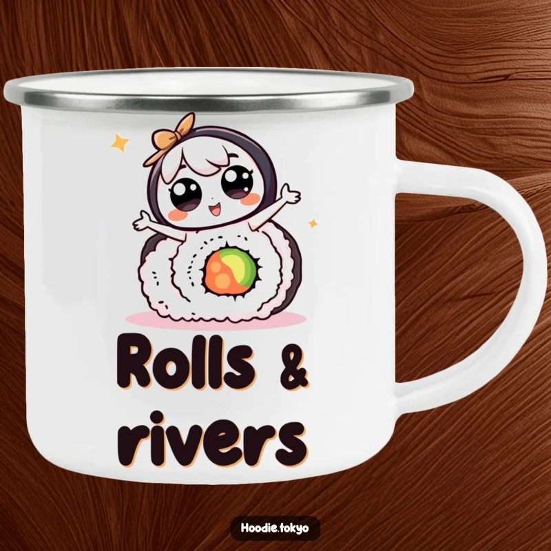Funny kawaii character with big eyes doing a silly dance on a giant sushi roll, perfect for a humorous camping mug.