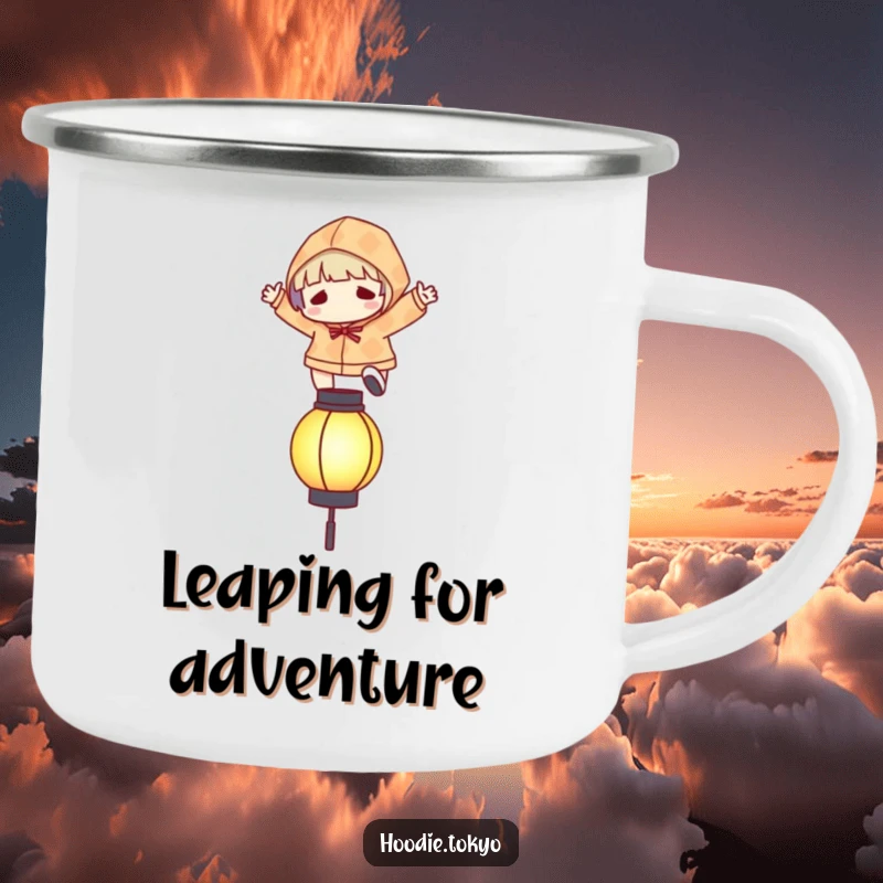 Funny camping mug of a character in a patterned hoodie leaping over a stylized, glowing lantern.