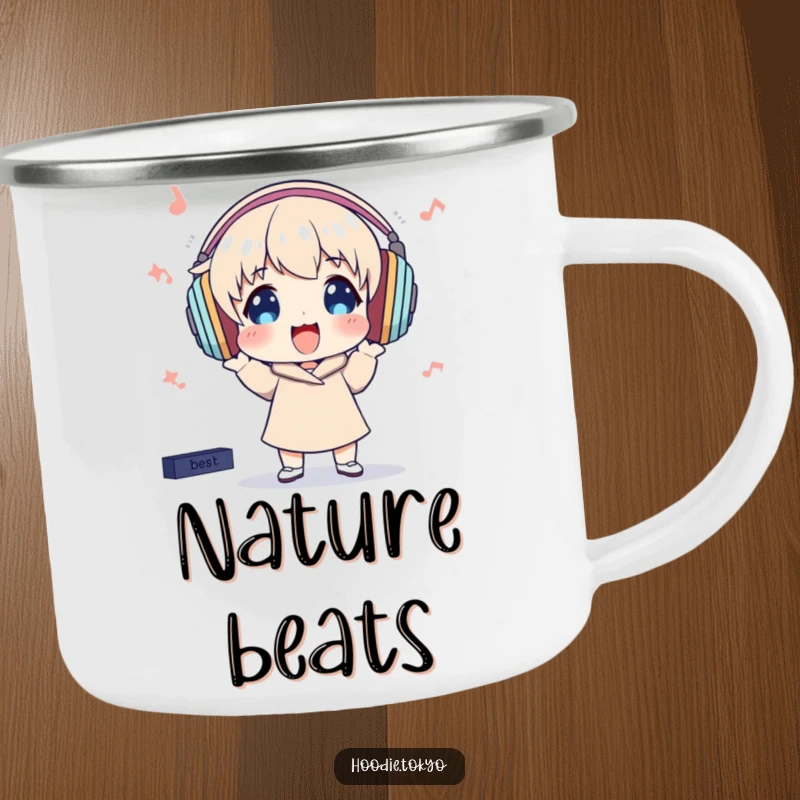 Funny Camping Mug: Character with oversized headphones bops excitedly, perfect for outdoor tunes and humor.