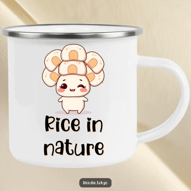 Funny smiling character balancing several oversized onigiri on its head, perfect for a humorous camping mug.