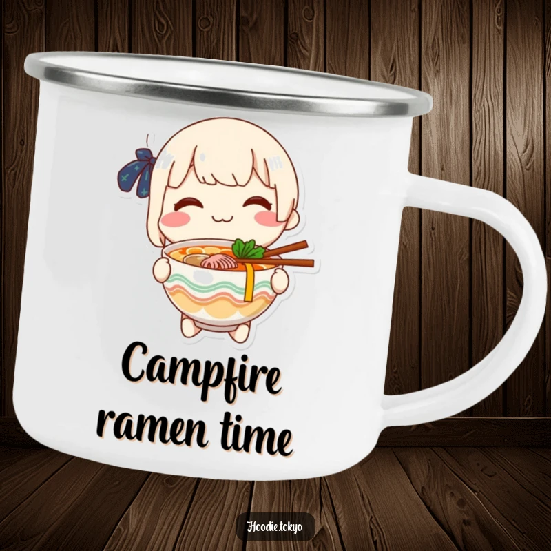 Funny cheerful character offering a steaming bowl of ramen with a smile, enamel camping mug for outdoor feasts.